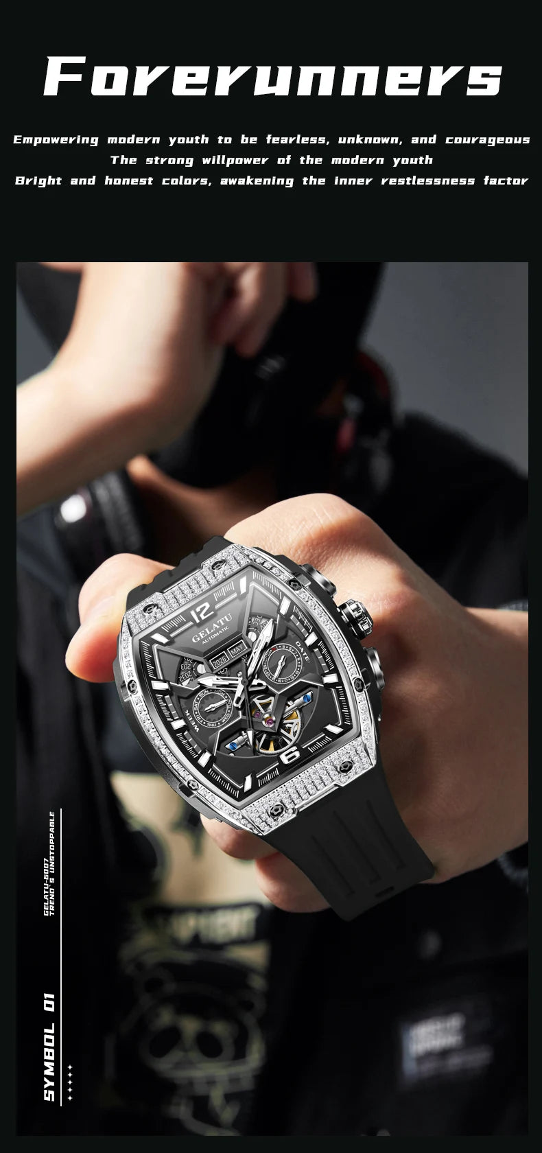 GELATU 6016 High-end Full Diamond Automatic Mechanical Watch for Men Multifunction Hollow Silicone Strap Men's Wristwatches