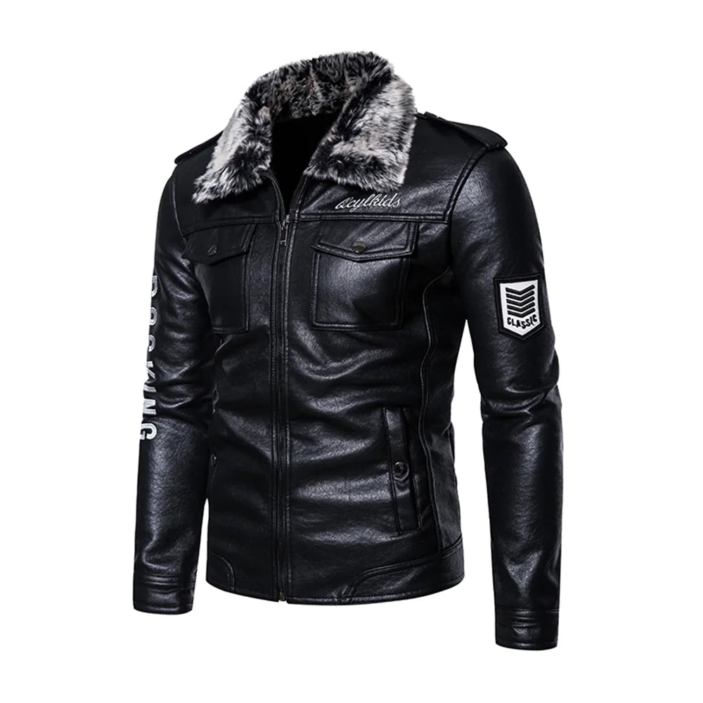 Men's faux leather jacket, coarse velvet leather jacket with motorcycle lapel, fashionable multi-pocket fitted casual coat