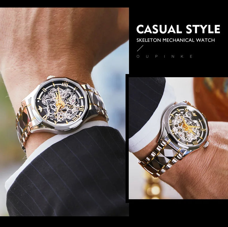 OUPINKE Tungsten Steel Strip Men's Watches Fully Transparent Dial Automatic Mechanical Watch Waterproof Sapphire Mirror Surface