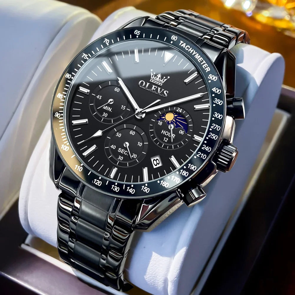 OLEVS Top Fashion All Steel Men Watch Trend Quartz Watch Moon Phase Luminous Steel Strip Waterproof Male Wristwatch