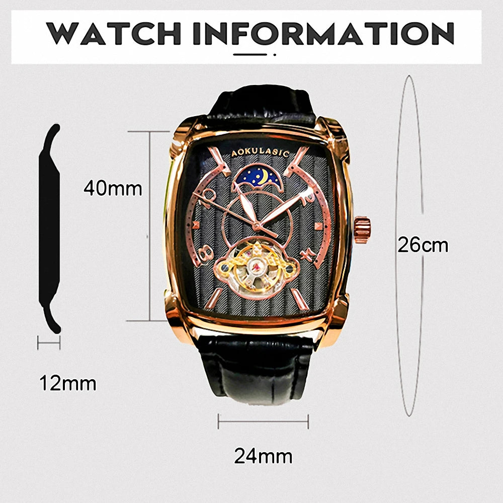 Tonneau Moon Phase Automatic Watch for Men Luxury Brand Tourbillon Skeleton Mechanical Watches Leather Belt Luminous Hands Clock