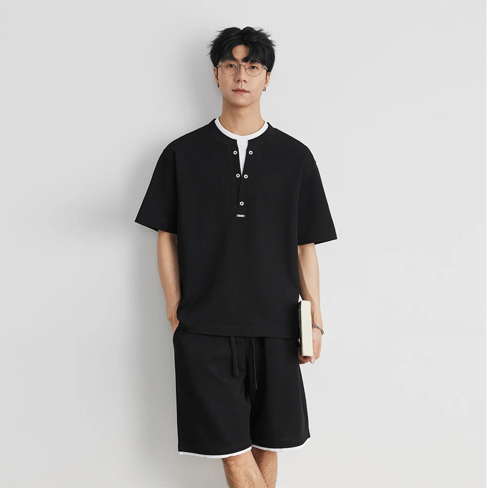 2025 New Men's Sports Suit Henry Collar Two-piece Casual Outdoor Loose Short Sleeve Shorts Fashion Korean Men's Summer Suit