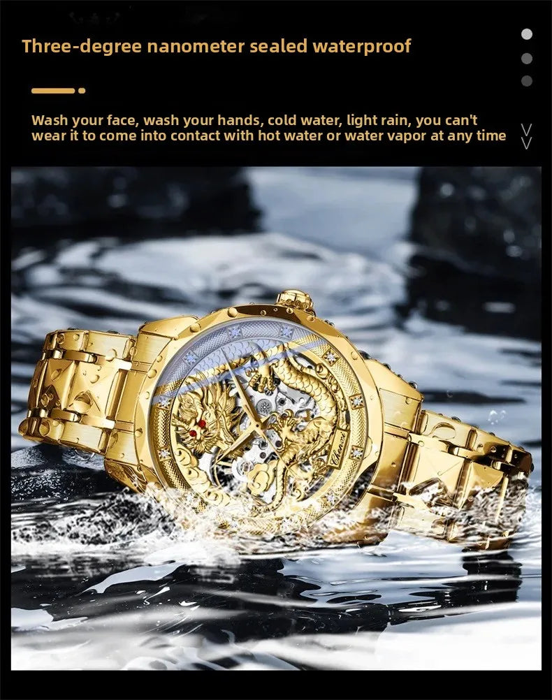 Men's Automatic Mechanical Watch Night Glow Waterproof Relief New Fashion Business Leather Steel Band Luxury Timepiece