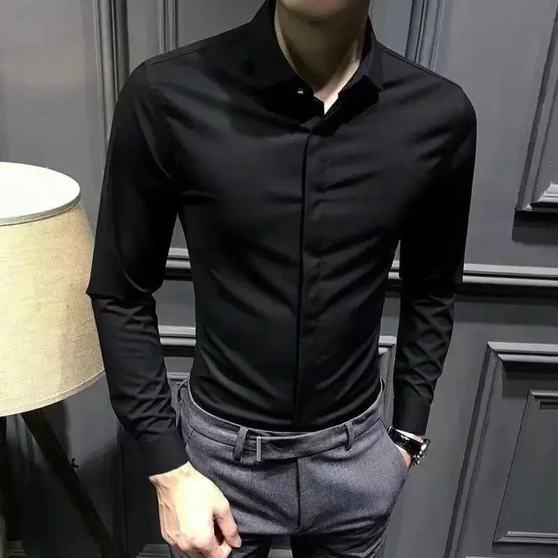 Men's Shirt And Blouse Business Green Long Sleeve Male Top Plain Clothes Designer Elegant New In Silk Button Fashion 2024 Luxury