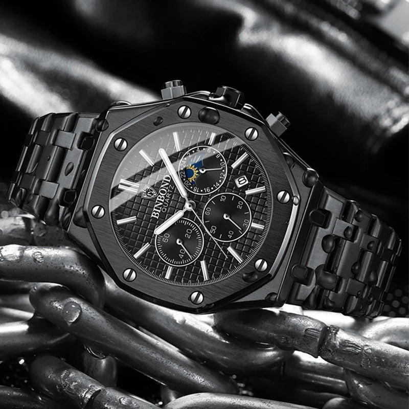 BINBONG B0161 Top Brand Man Business Quartz Watch Chronograph Wristwatch Stainless Steel Strap 30M Waterproof Luxury Men Watch