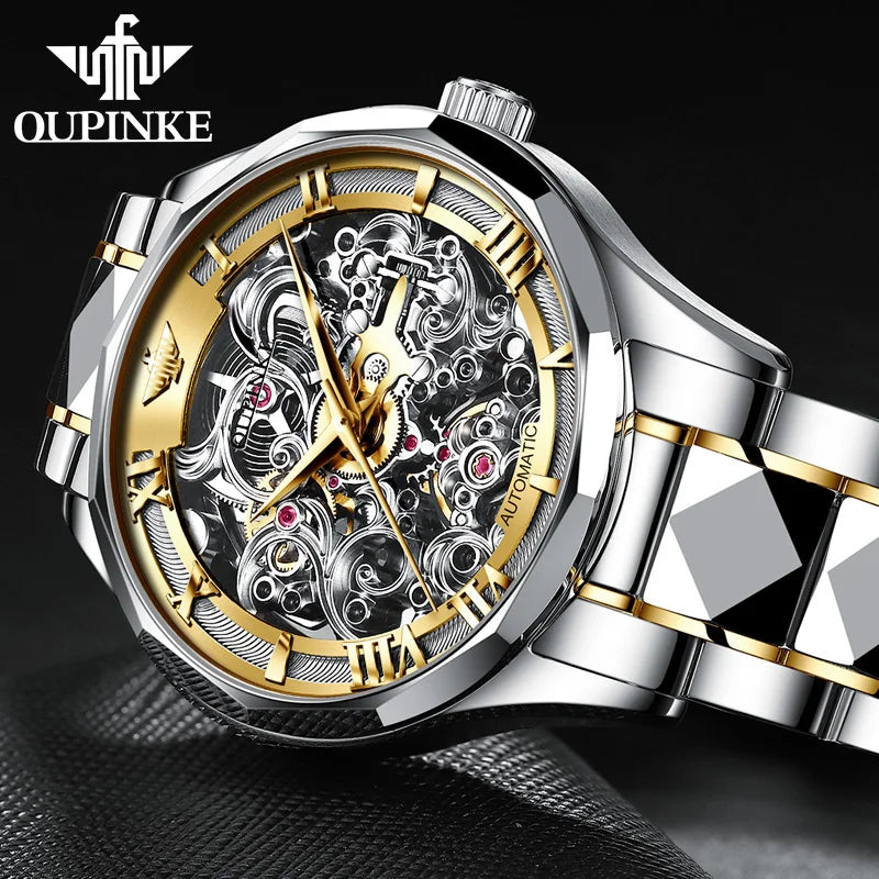 OUPINKE Tungsten Steel Strip Men's Watches Fully Transparent Dial Automatic Mechanical Watch Waterproof Sapphire Mirror Surface