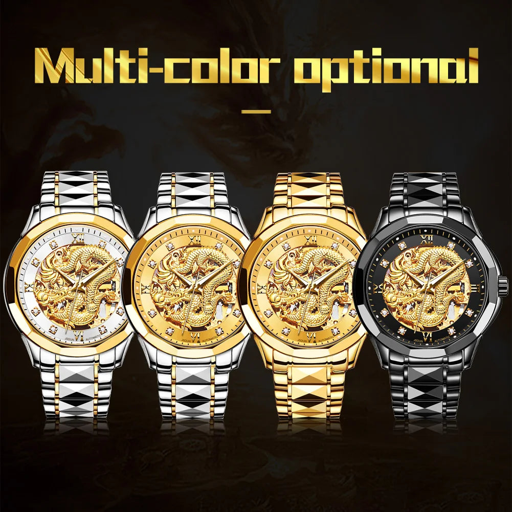 JSDUN Gold 3D Dragon Dial Watch For Men Luxury Brand Automatic Mechanical Watch Stainless Steel Strap Hollow-carved Reloj Hombre