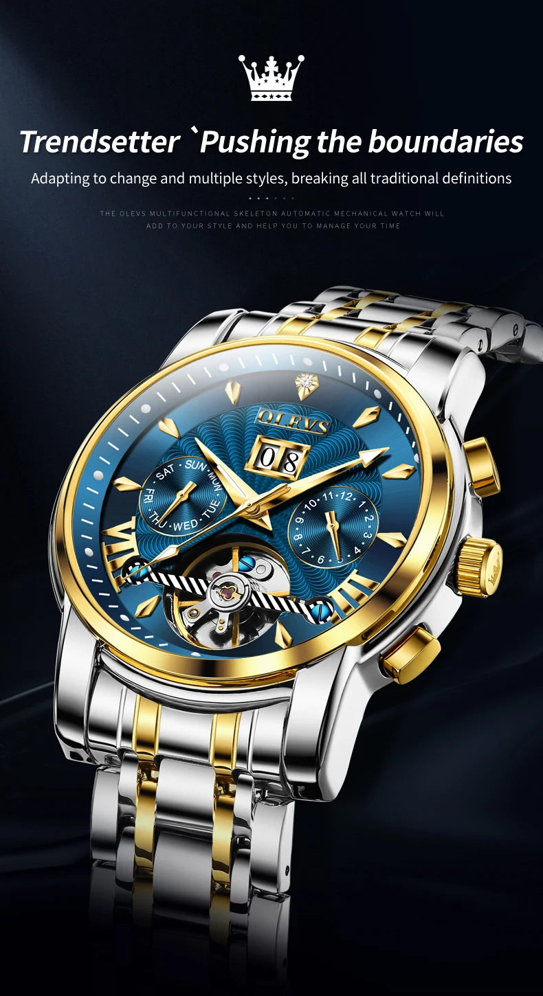 OLEVS Luxury Top Brand Watch for Men Automatic Mechanical Watches Waterproof Stainless Steel Skeleton Design Man Wristwatch