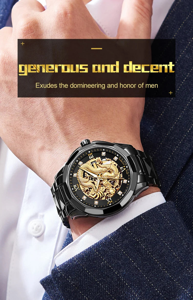 JSDUN Gold 3D Dragon Dial Watch For Men Luxury Brand Automatic Mechanical Watch Stainless Steel Strap Hollow-carved Reloj Hombre