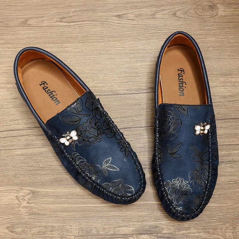 Autumn Fashion Flower Print Men's Loafers Oversized Leather Flat Shoes Men's Lightweight Driving Shoes