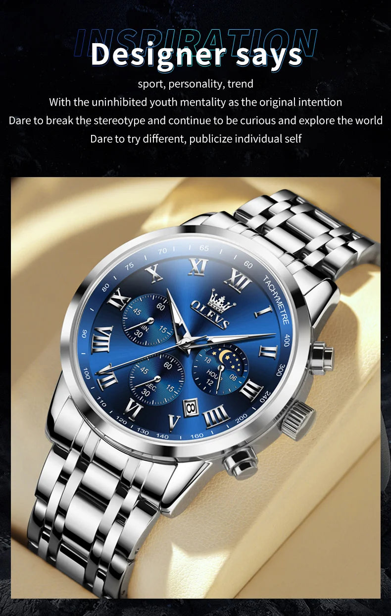 OLEVS 5529 Luxury Quartz Watch For Men Roman Scale Moon Phase Chronograph Man Watches Waterproof Luminous Calendar Wrist Watch
