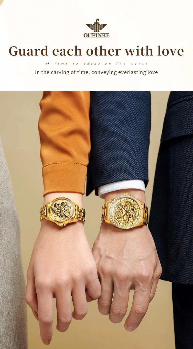 OUPINKE High End Gold Dragon Watch for Men Women Tungsten steel Automatic Mechanical Couple Watches Luxury Couple Wristwatches