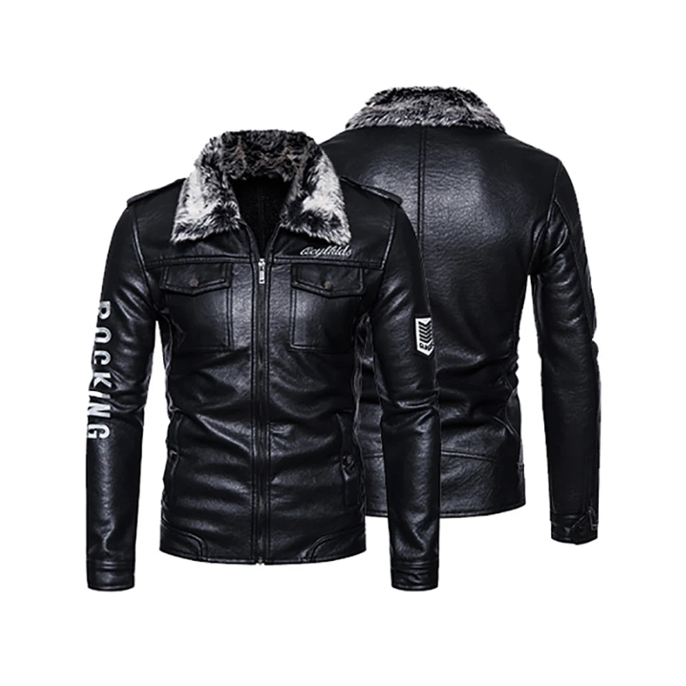 Men's faux leather jacket, coarse velvet leather jacket with motorcycle lapel, fashionable multi-pocket fitted casual coat