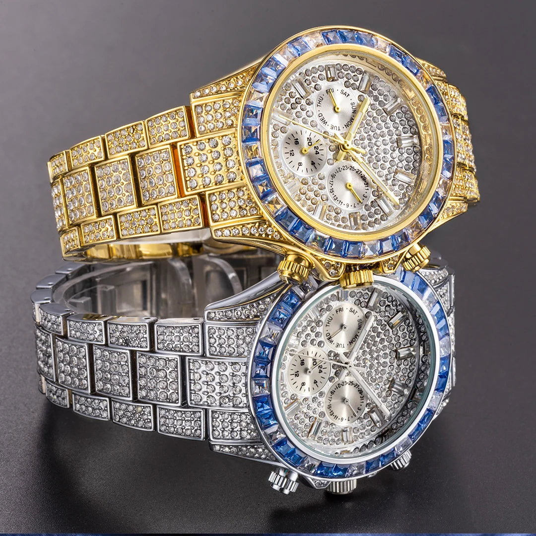 MISSFOX Blingbling Wristwatch For Men Luxury Colour Diamond Calendar Quartz Watch Hip Hop Fashion Waterproof Man Clock Hot Sale