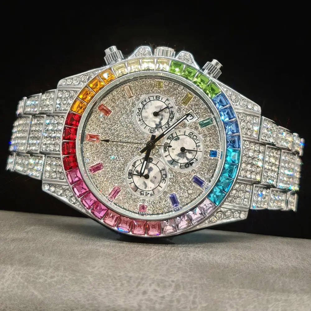 Fashion Ice Watches Men Brand UNIGUET Luxury Stainless Steel Hip Hop Rainbow Diamond Quartz Wristwatch Male Gift Dropshipping