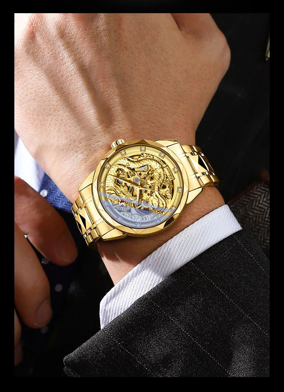 Chenxi 8899 Chinese Nation Culture And Art 3d Embossed Dragon Pattern Gold Automatic Mechanical Stainless Steel Watches For Men
