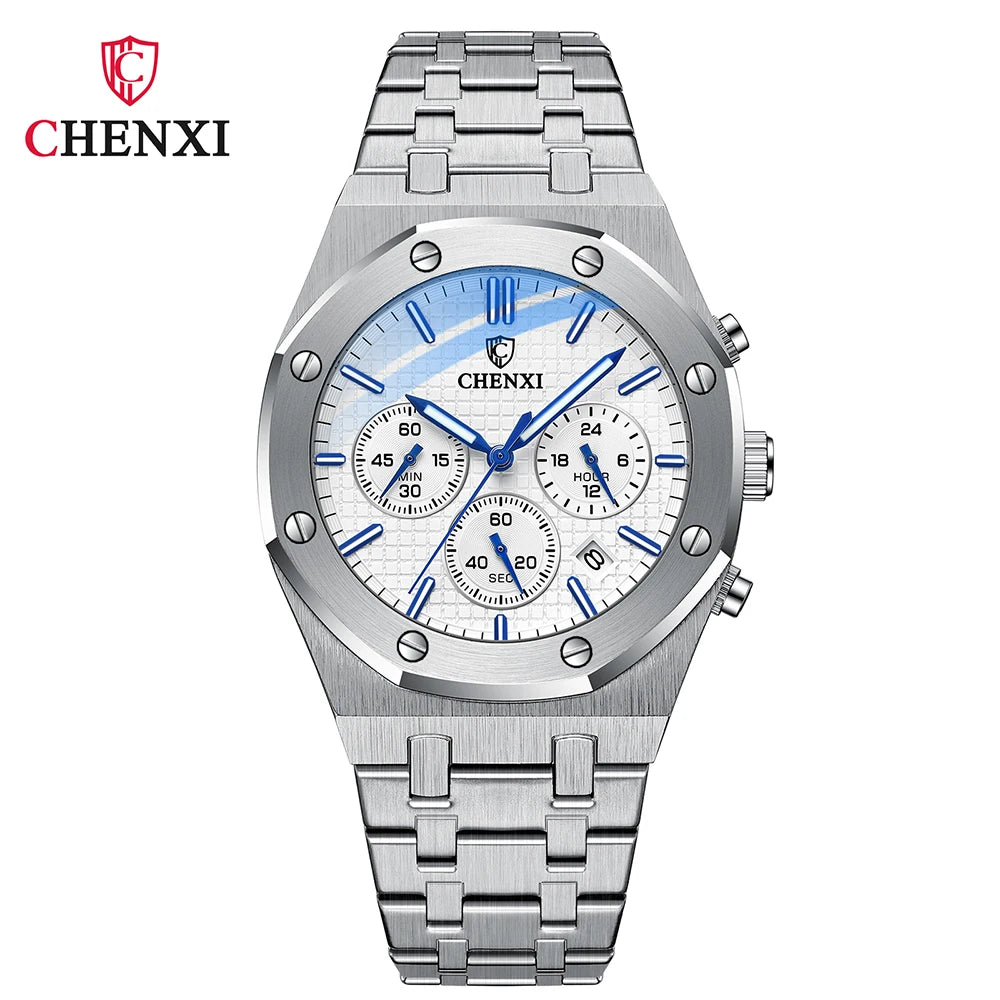 CHENXI Brand Multi-Function Sports Man Watch Luminous Chronograph Steel Strap Waterproof Calendar Quartz Watches Male