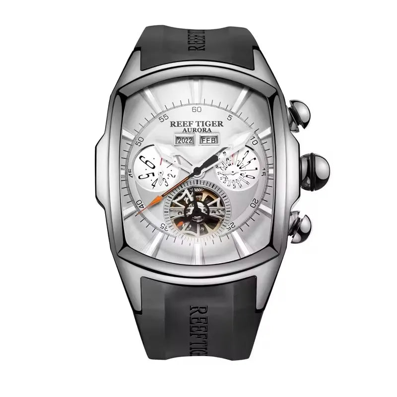 Reef Tiger 316L Stainless Steel Wine Barrel Automatic Watch Fashion Mulitfunction Tourbillon Mechanical Watches for Men RGA3069
