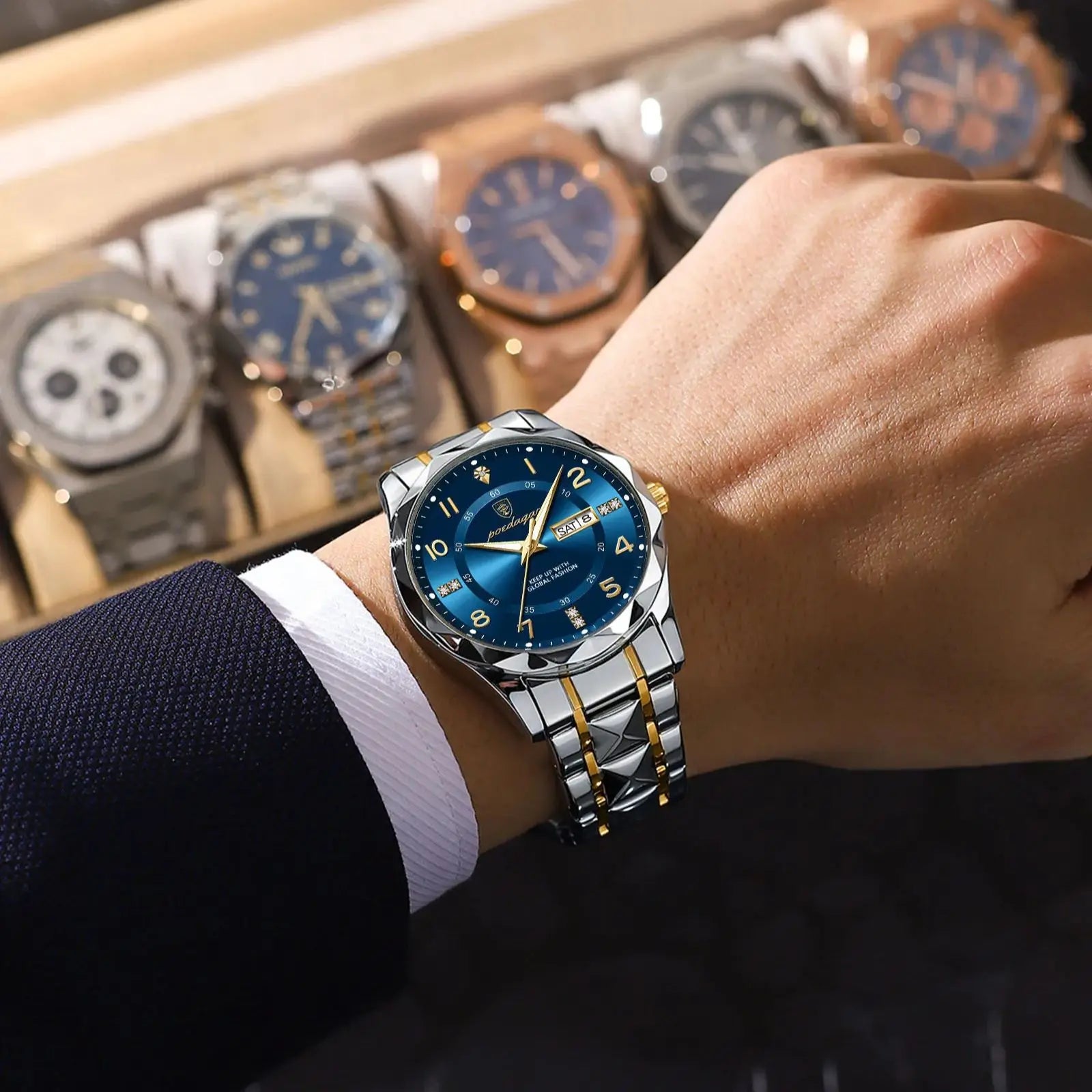 POEDAGAR Luxury Men Watch Waterproof Date Week Luminous Fashion Wristwatch Stainless Steel Quartz Sport Men's Watches Male Reloj