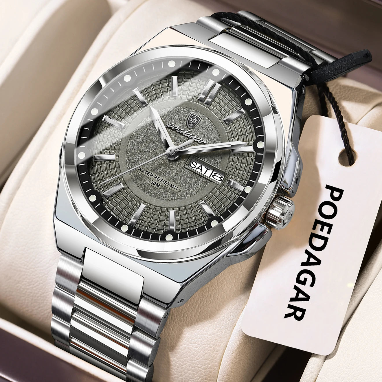 POEDAGAR Fashion Classic Men Wristwatches Stainless Steel Waterproof Luminous Man Watch Date Week Quartz Business Men's Watches