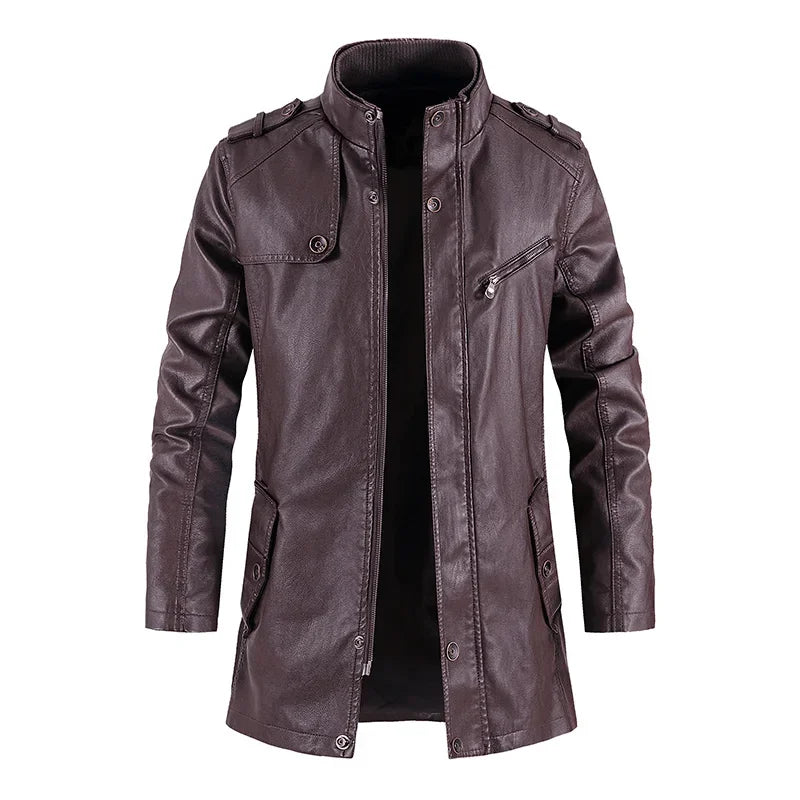 Coat Long Outwear Fashion Warm Casual Vintage Clothing Men Biker Jackets New Mens Long Slim Thick Fleece Winter Leather Jacket