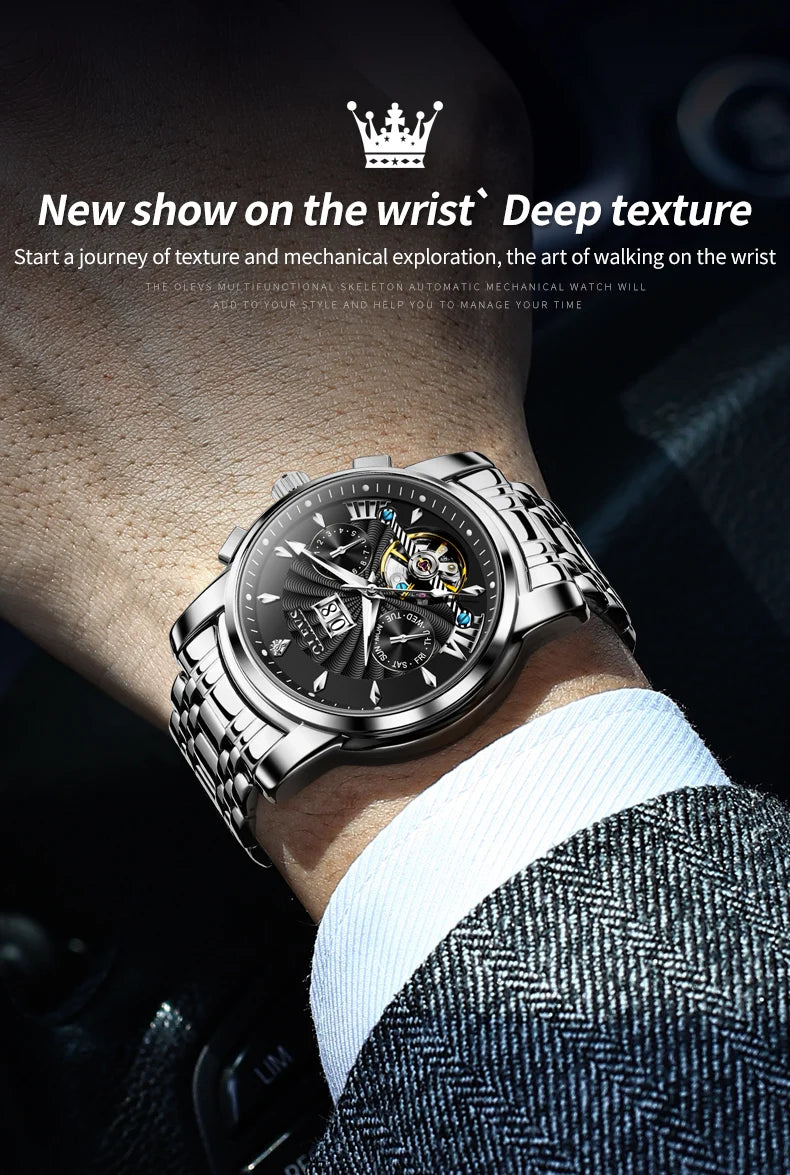 OLEVS Luxury Top Brand Watch for Men Automatic Mechanical Watches Waterproof Stainless Steel Skeleton Design Man Wristwatch