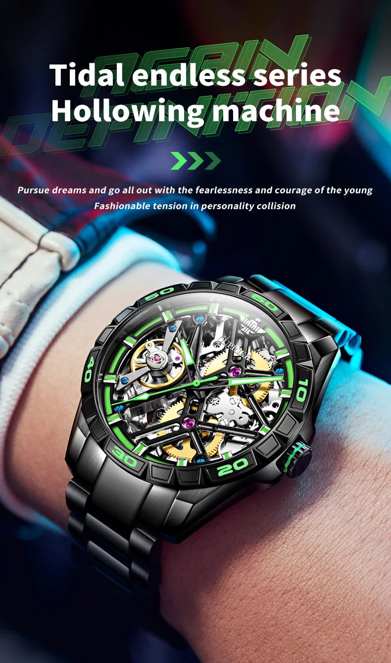 OUPINKE 3196 Fully Automatic Mechanical Watch Men Stainless steel Waterproof Green Night Light High-end Wristwatch Man