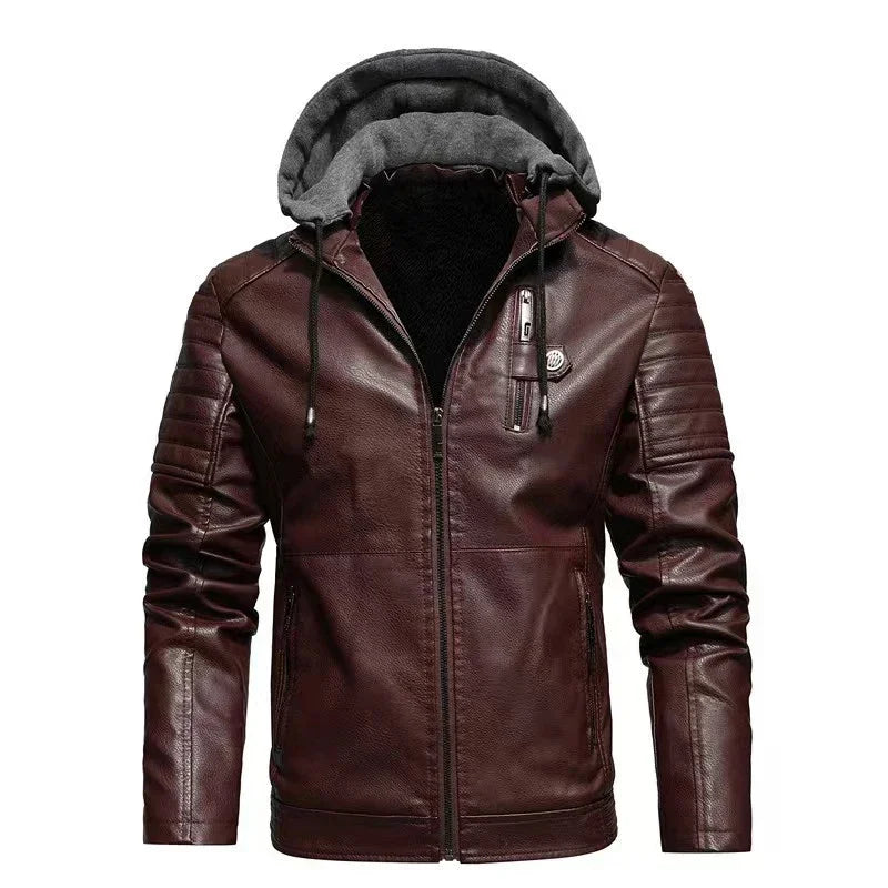 Faux Leather Jacket Men Fashion Men's Hooded Jackets Autumn Winter Military Style Outwear Zipper Pockets Coat Detachable Hat