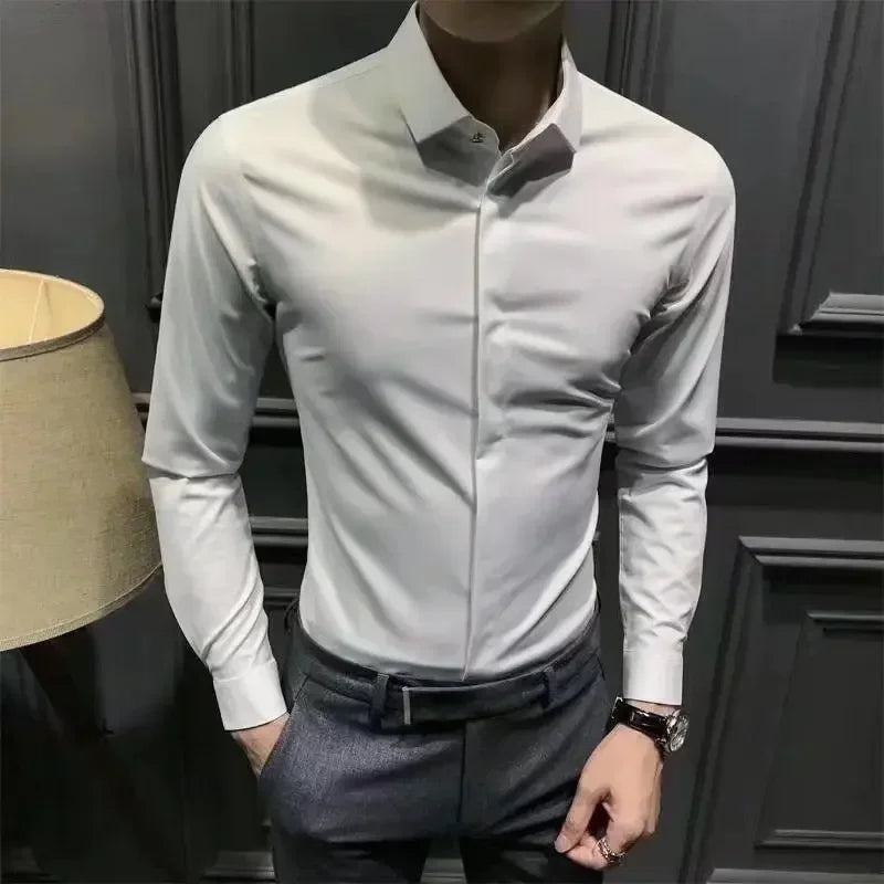 Men's Shirt And Blouse Business Green Long Sleeve Male Top Plain Clothes Designer Elegant New In Silk Button Fashion 2024 Luxury