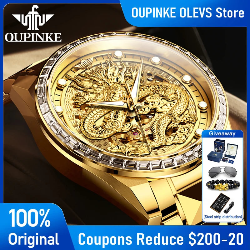 OUPINKE 3276 Mans Watch Luxury High Quality Mechanical WatchTungsten Steel Waterproof Luminous Watches For Man Gifts Dragon Dial