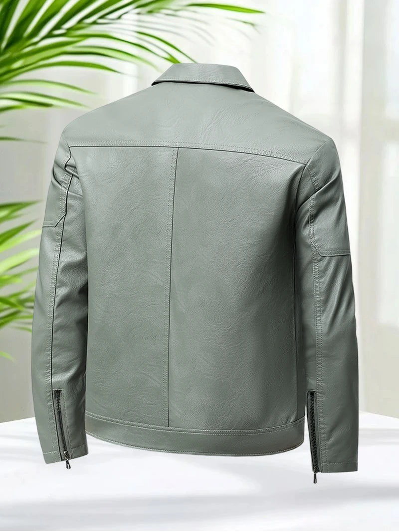 Men’s PU Leather Jacket Classic Faux Leather Coat Slim Fit Casual Motorcycle Biker Outerwear with Zipper Pockets for Autumn