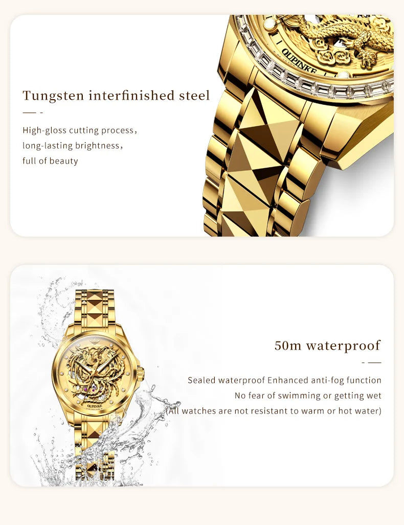 OUPINKE High End Gold Dragon Watch for Men Women Tungsten steel Automatic Mechanical Couple Watches Luxury Couple Wristwatches