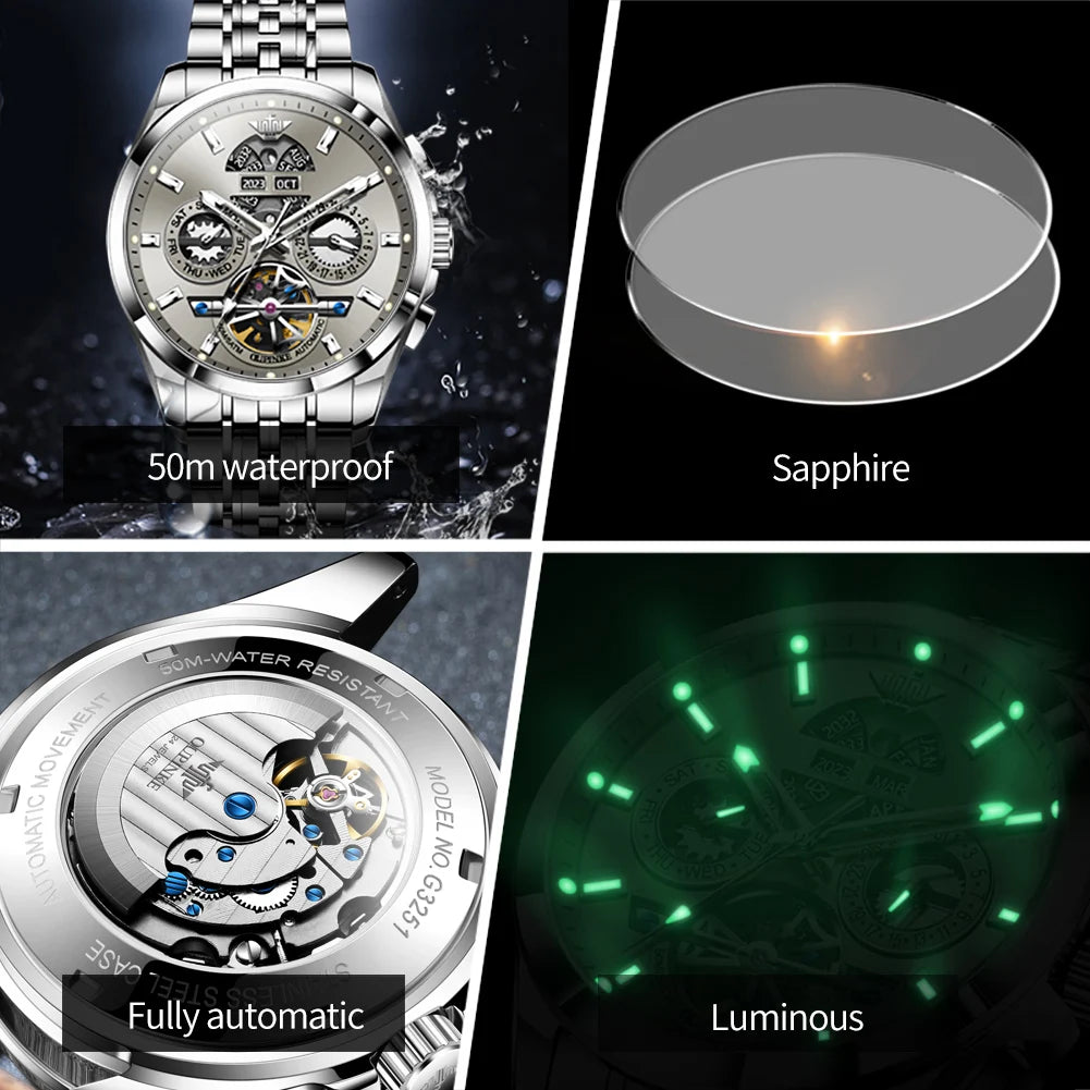 OUPINKE 3251 Watch For Men Auto Date Hollow Skeleton Luxury Automatic Mechanical Hand Clock Top Brand Waterproof Man Watches