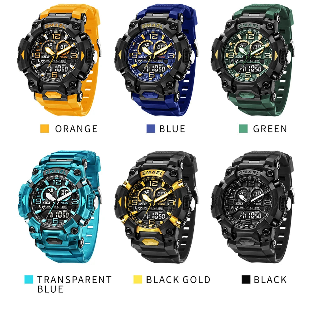 SMAEL Fashion Sports Casual Electronic Man Watch Dual Digital Display Silicone Strap Luminous Waterproof Alarm Watches for Men