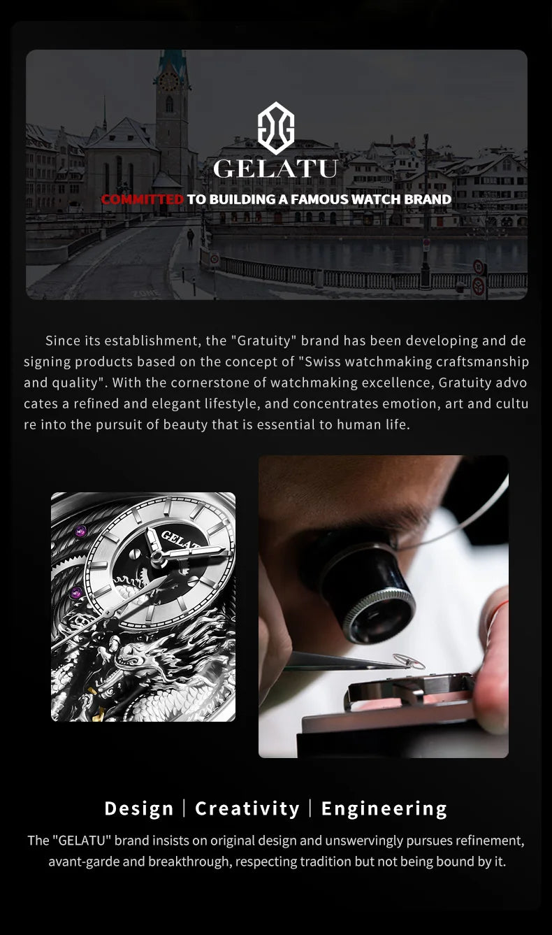 GELATU 6018 Men's Watch Top Brand Original Mechanical Watch For Men 50M Waterproof Luxury Hollow Dragon Automatic Wristwatch