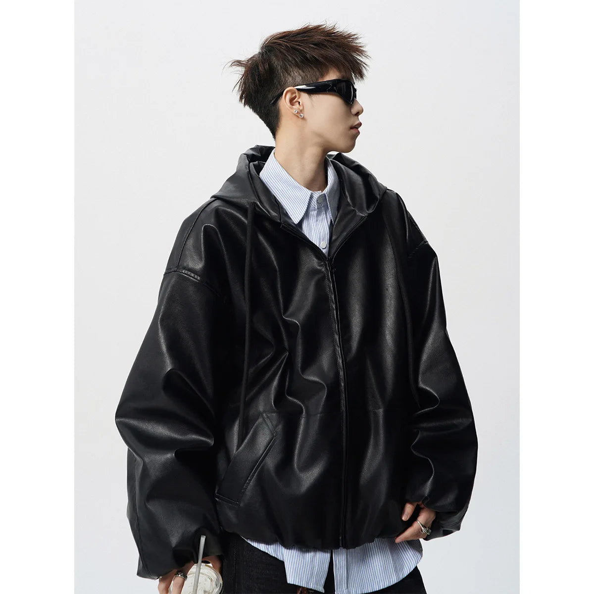 Luxury Motorcycle Leather Jacket Men's American Street Short PU Leather Clothes Trendy Retro Silhouette Hooded Jacket