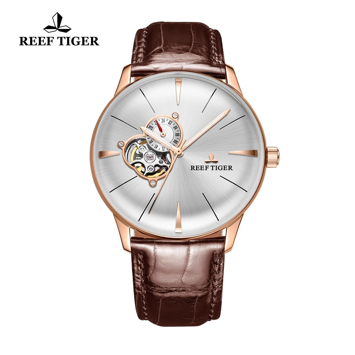 New Reef Tiger/RT Luxury Rose Gold Watch Men's Automatic Mechanical Watches Tourbillon Watches with Brown Leather Strap RGA8239