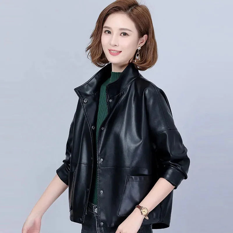 High end Women's Leather Jacket 2025 Autumn New Middle aged Woman Loose Leather Coat With lining Imitation Sheepskin Jackets