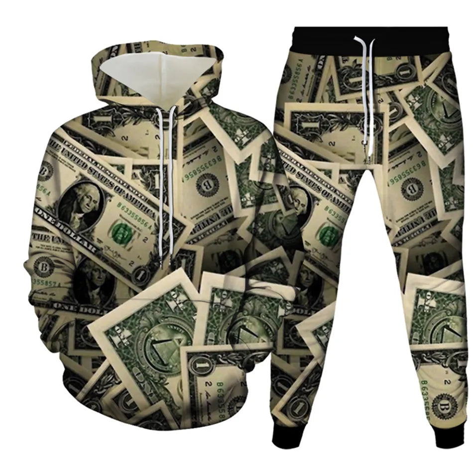 Men's Poker&Money 3D Print Tracksuit Set Fashion Casual Luck Hoodie+Pants 2pcs Sets Pullover Trend Streetwear Man/women Clothing