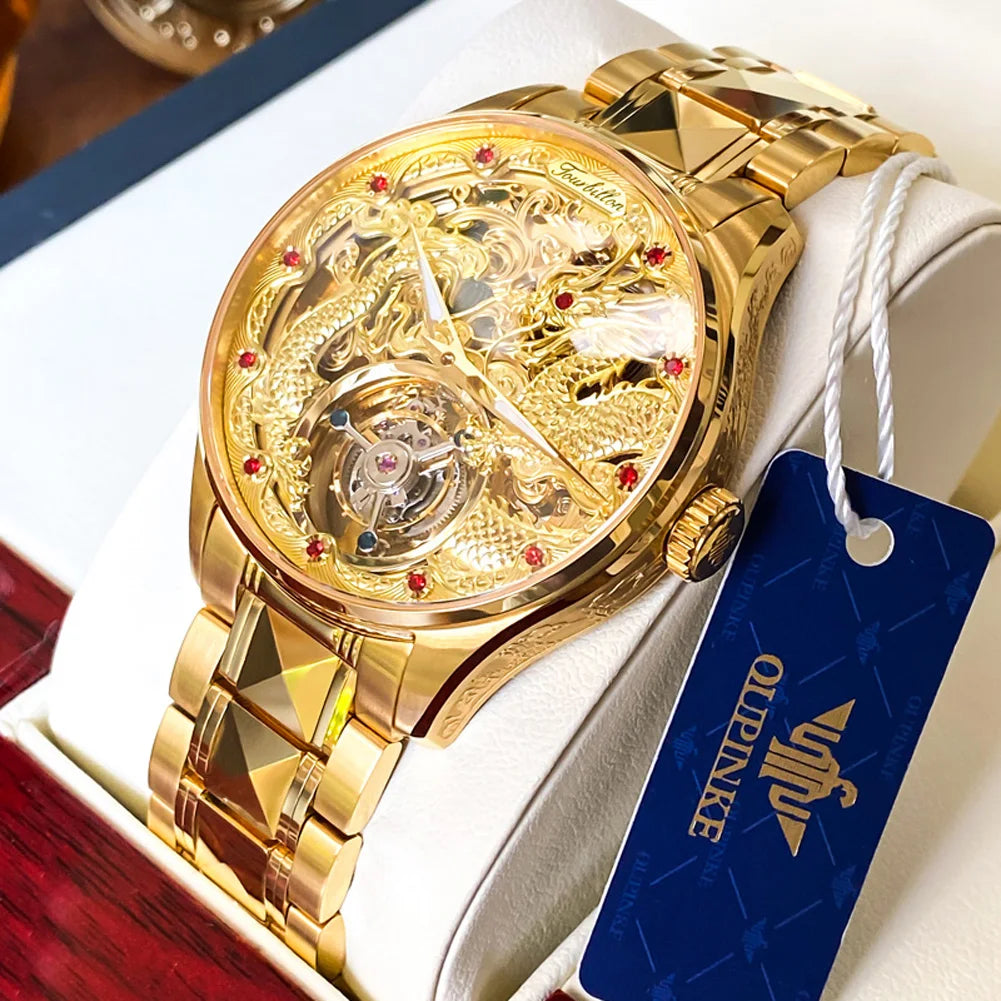 OUPINKE 3176 Hollow Men's Watch Top Brand Tourbillon Dragon Watch For Men Sapphire Mirror Luxury Mechanical Man Wristwatch