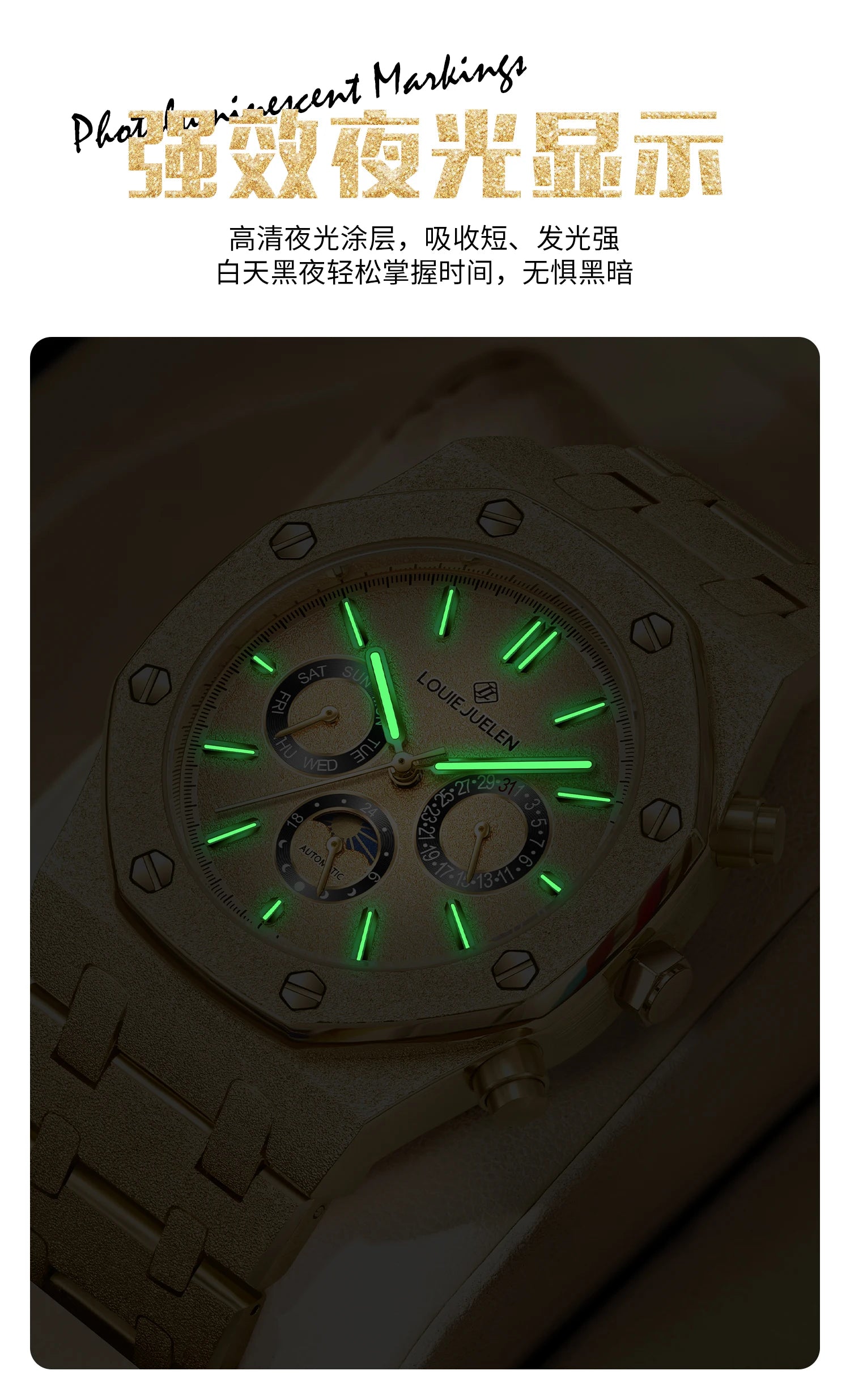 LOUIE JUELEN New Men Watch Top Brand Luxury Mechanical Automatic Stainless Steel Waterproof Moon Watch Luminous Wristwatch Clock