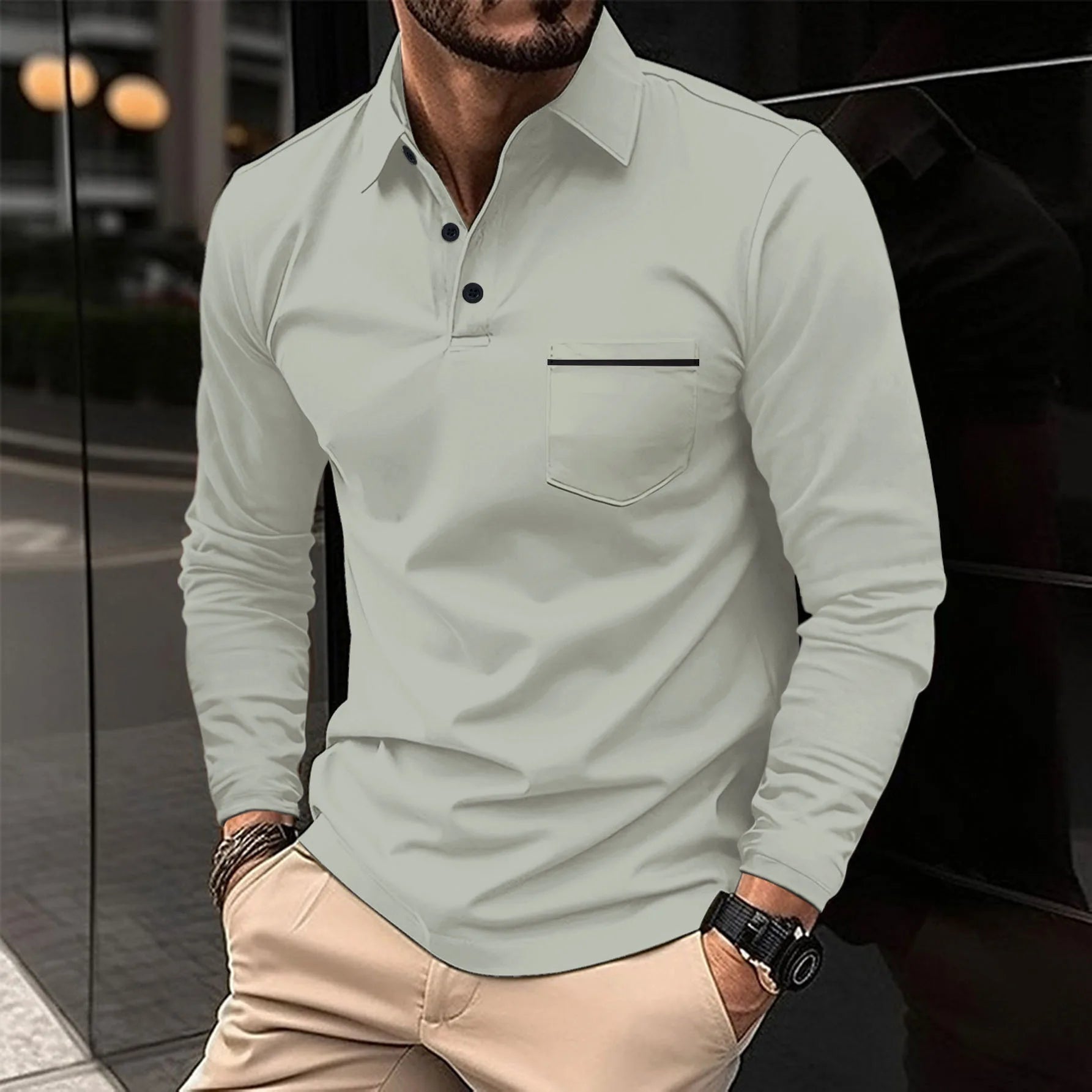 New men's casual long-sleeved polo shirt - solid-colored lapel polo shirt, stylish, breathable, comfortable and versatile top.