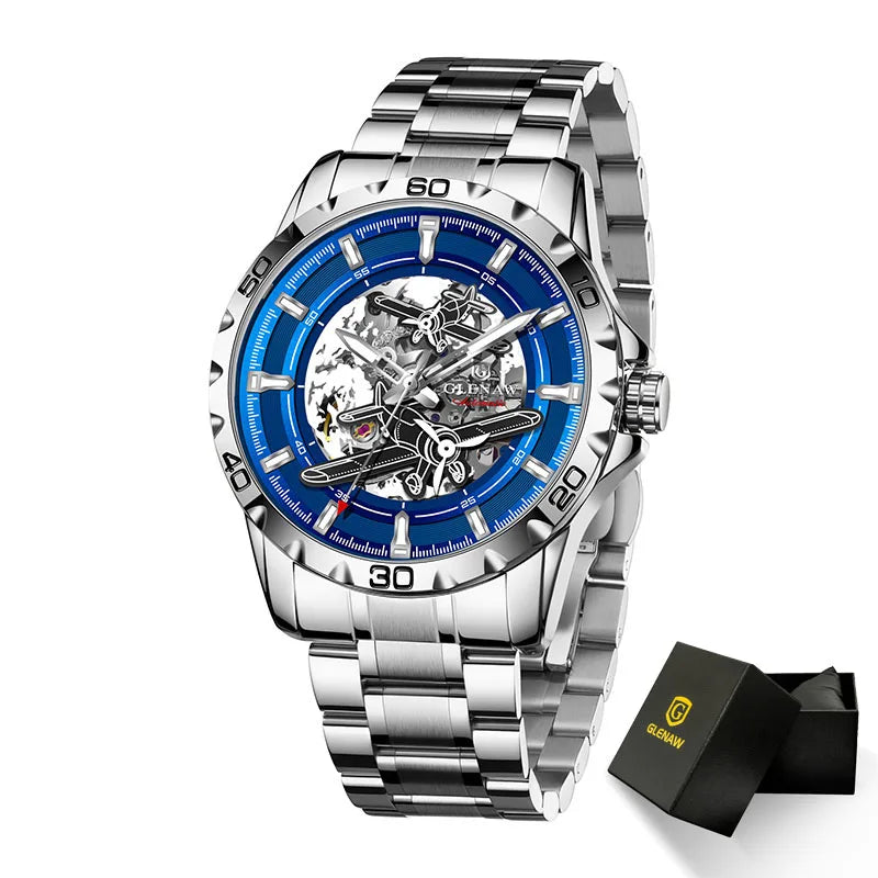 GLENAW New Pilot Series Men Watches Hollow Luxury Automatic Mechanical Watches Luminous waterproof Stainless Steel Strap Watch