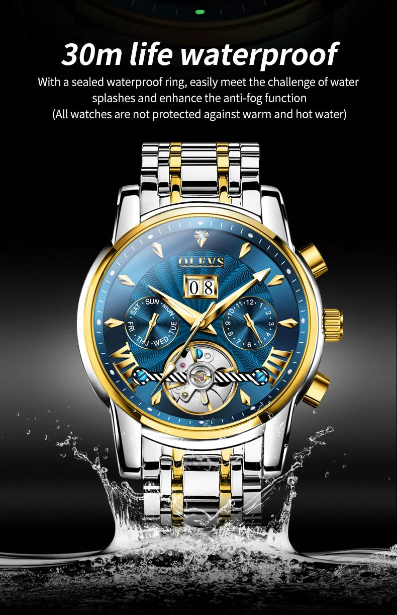 OLEVS Luxury Top Brand Watch for Men Automatic Mechanical Watches Waterproof Stainless Steel Skeleton Design Man Wristwatch