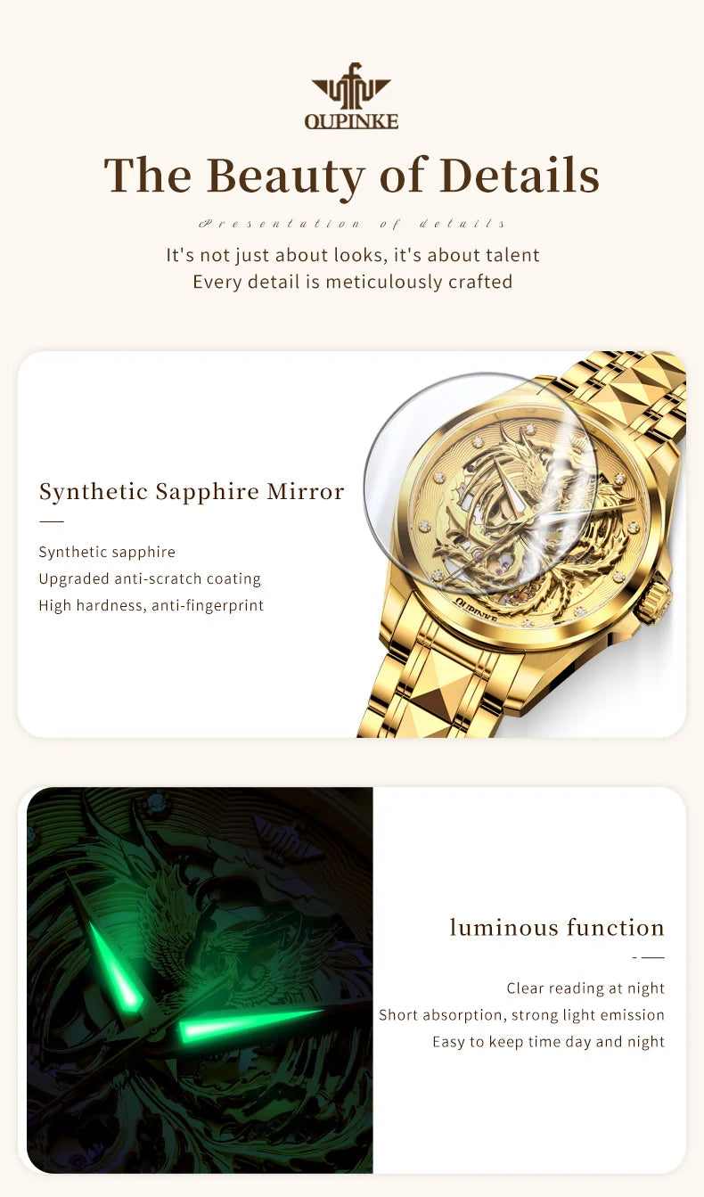 OUPINKE High End Gold Dragon Watch for Men Women Tungsten steel Automatic Mechanical Couple Watches Luxury Couple Wristwatches
