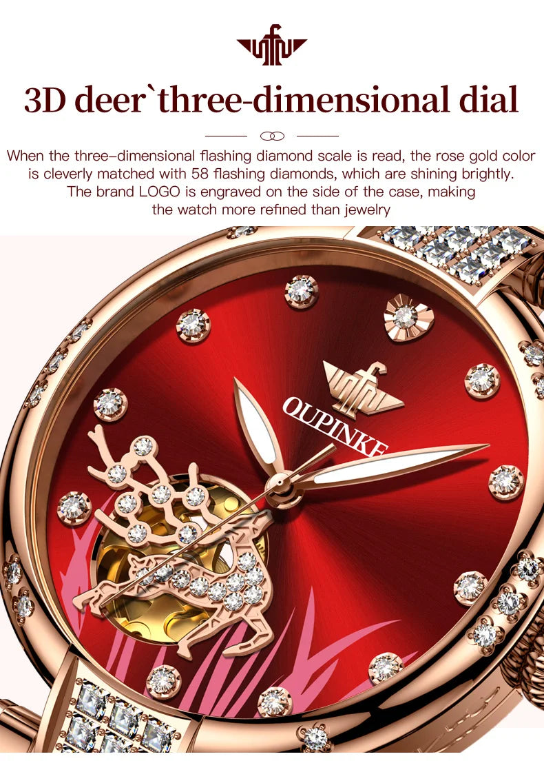 OUPINKE 3211 Women's Watch Elegant Rose Gold Diamond Ceramic Automatic Machinery Women's Watch Luxury Brand Women's Bracelet Set