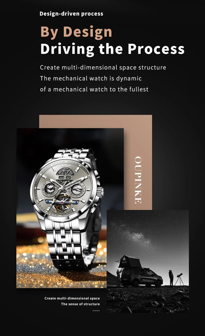 OUPINKE 3251 Watch For Men Auto Date Hollow Skeleton Luxury Automatic Mechanical Hand Clock Top Brand Waterproof Man Watches