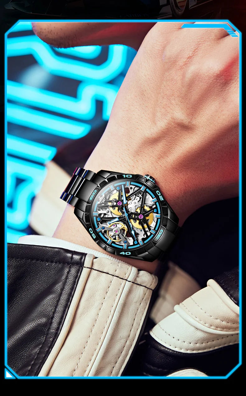 OUPINKE 3196 Blue Watch for Men Original Automatic Movement Deep Waterproof Hollow Out Mechanical Wristwatch Men