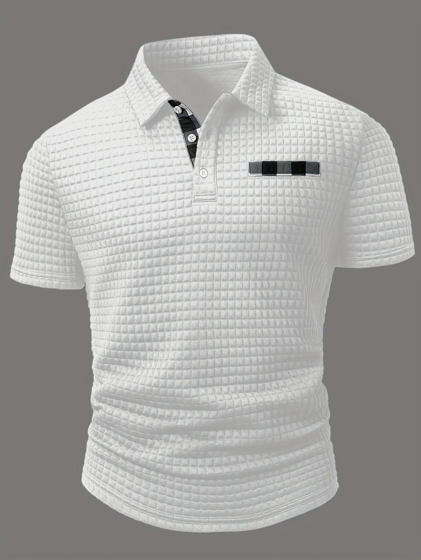 Men's Polo Shirt with Square Plaid Texture Fabric, Solid Color Pattern, Short-Sleeve Polo Collar Top, Non-Positioned Digital Print Fabric, Irregular Plaid Pattern, Fashionable Casual Daily Wear, Business Casual Wear