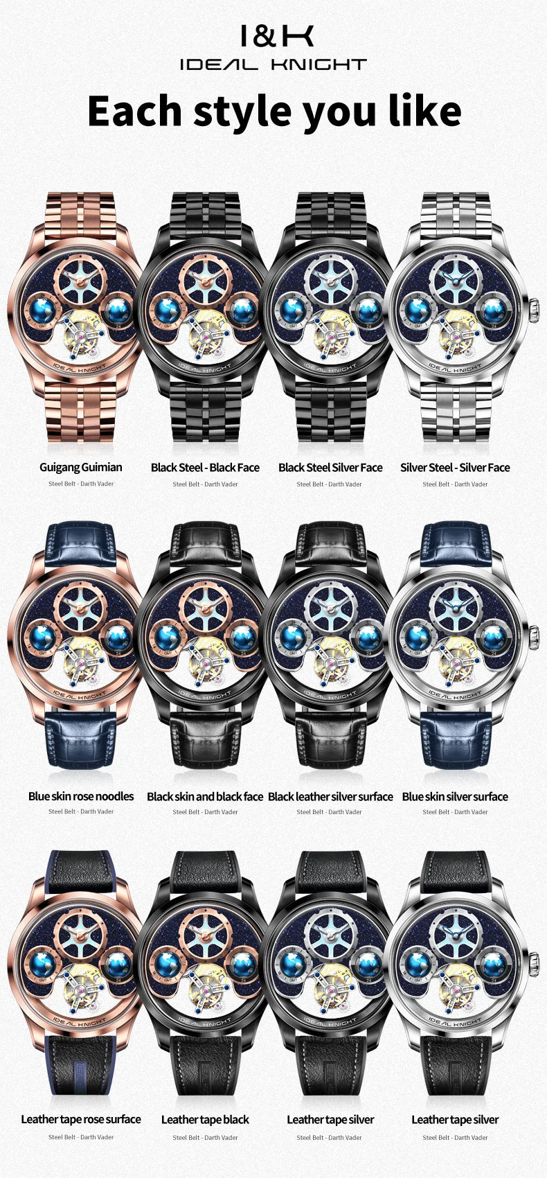 IDEAL KNIGHT Top Brand Luxruy Mens Watch Advanced Tourbillon Automatic Mechanical Watch Waterproof Luminous Dual Region Time